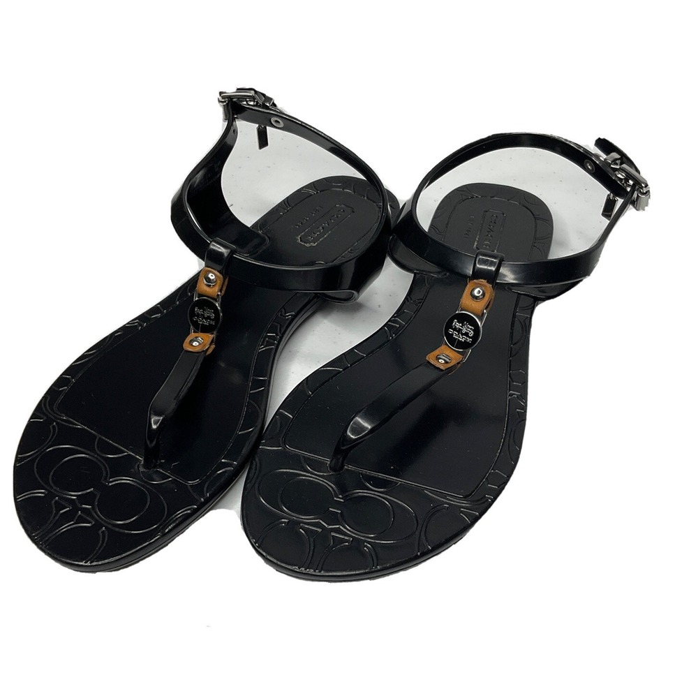Coach Piccadilly Sandals Womens Sz 6B Black Rubber T-Strap Thong Signature Logo - Picture 2 of 8